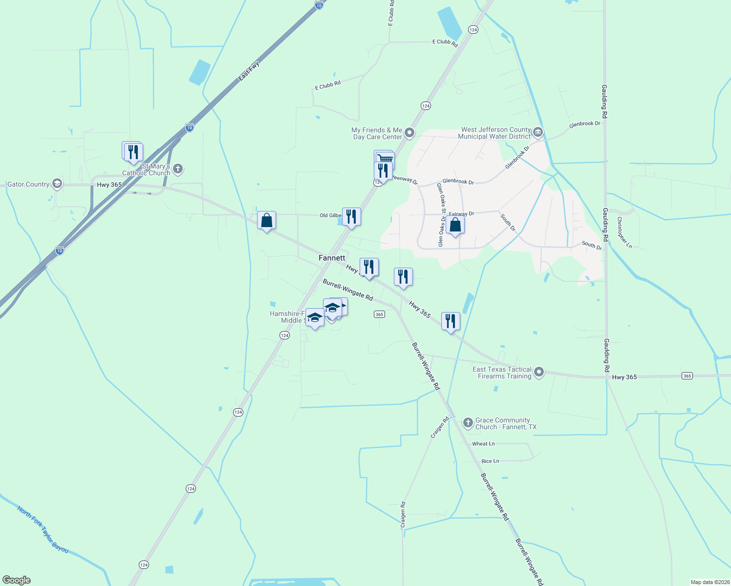map of restaurants, bars, coffee shops, grocery stores, and more near 23260 Burrell-Wingate Rd in Beaumont
