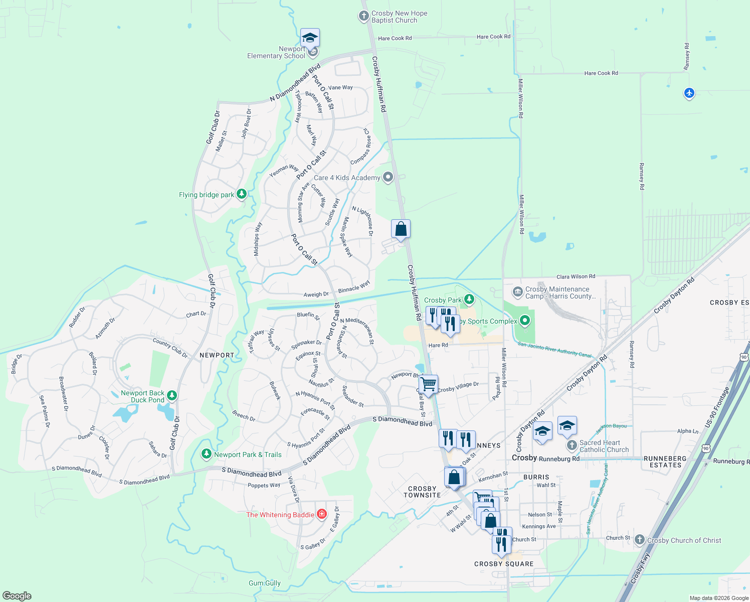 map of restaurants, bars, coffee shops, grocery stores, and more near 302 Kingsport St in Crosby