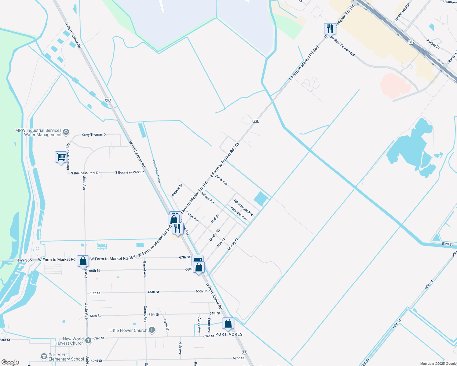 map of restaurants, bars, coffee shops, grocery stores, and more near 8512 Davis Ave in Port Arthur