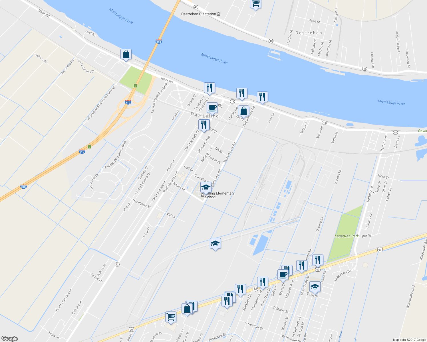 map of restaurants, bars, coffee shops, grocery stores, and more near 327 Post Drive in Luling
