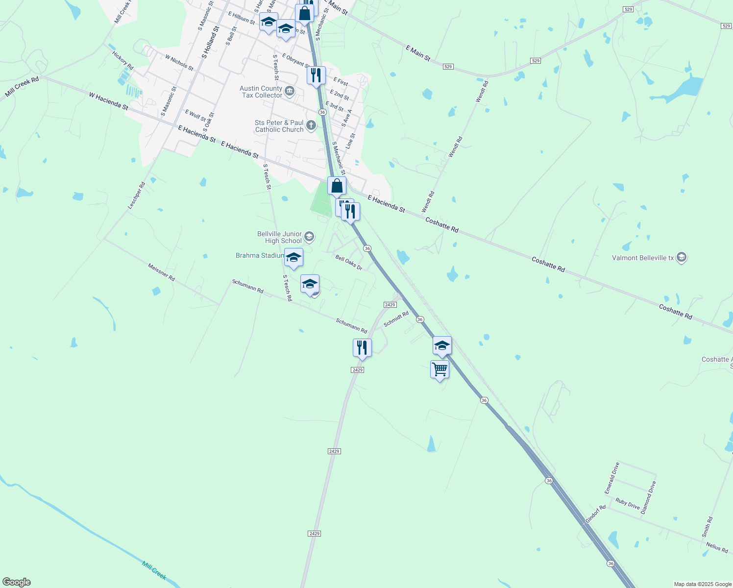 map of restaurants, bars, coffee shops, grocery stores, and more near 1588 Bell Oaks Dr in Bellville