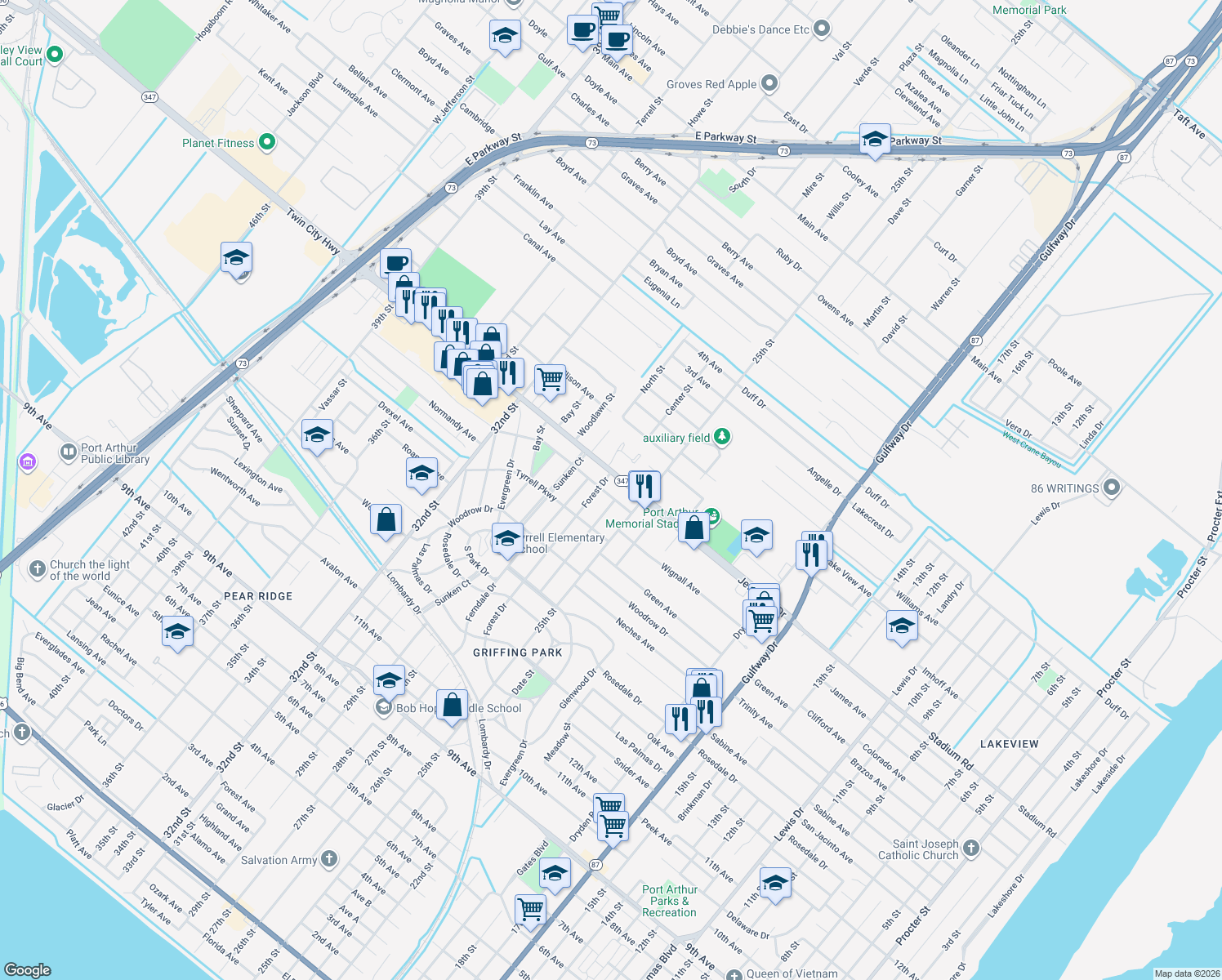 map of restaurants, bars, coffee shops, grocery stores, and more near 2720 Bernhardt Drive in Port Arthur