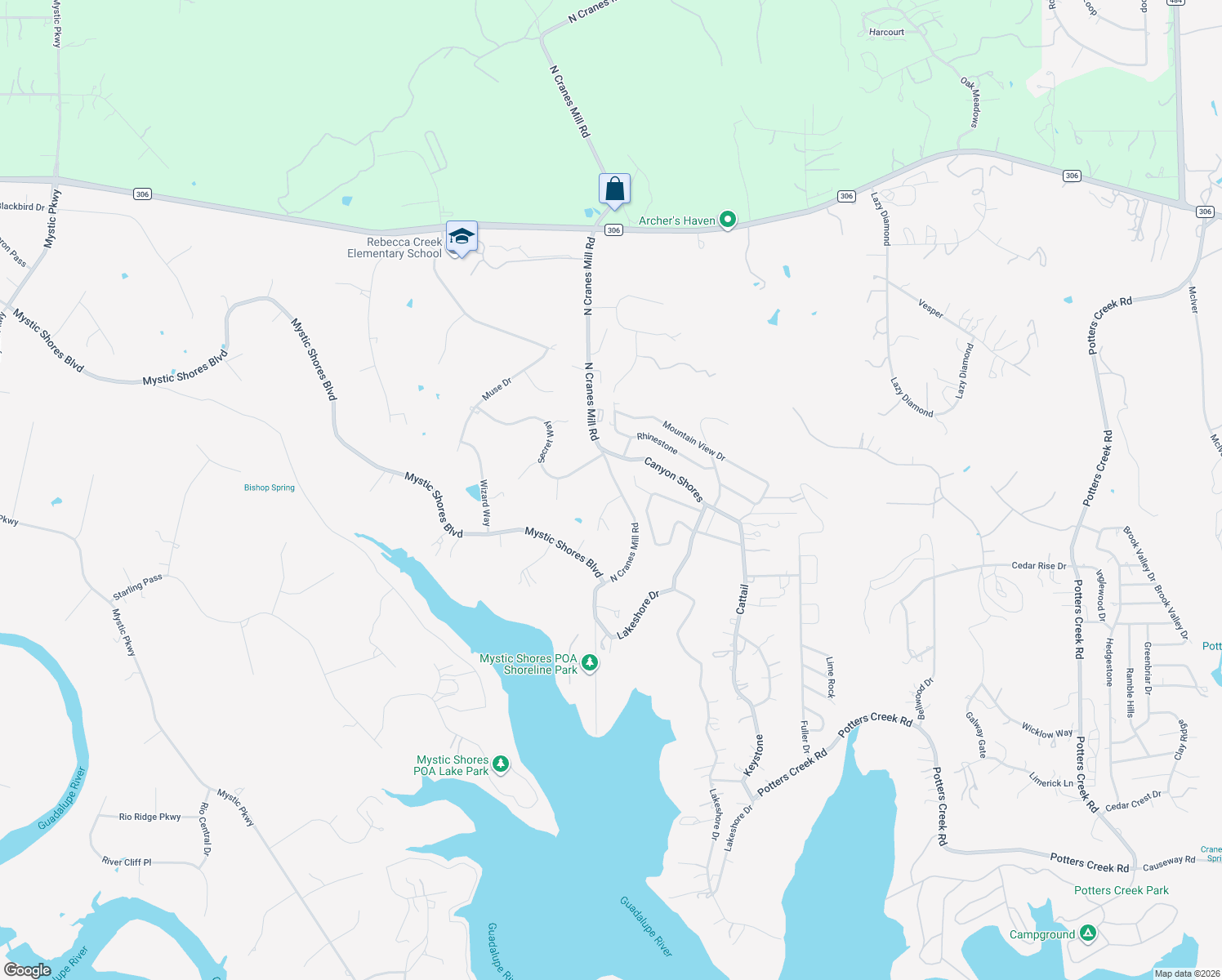 map of restaurants, bars, coffee shops, grocery stores, and more near 114 Spirit Circle in Spring Branch