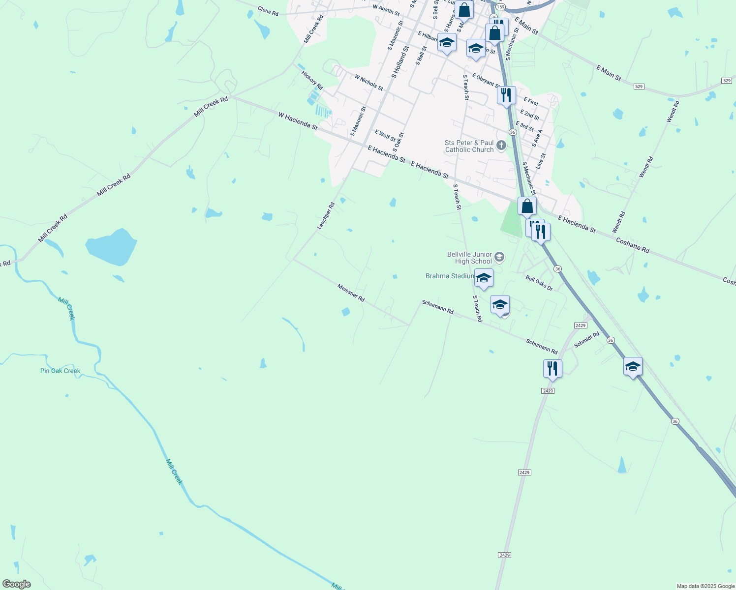 map of restaurants, bars, coffee shops, grocery stores, and more near 1772 Meissner Rd in Bellville