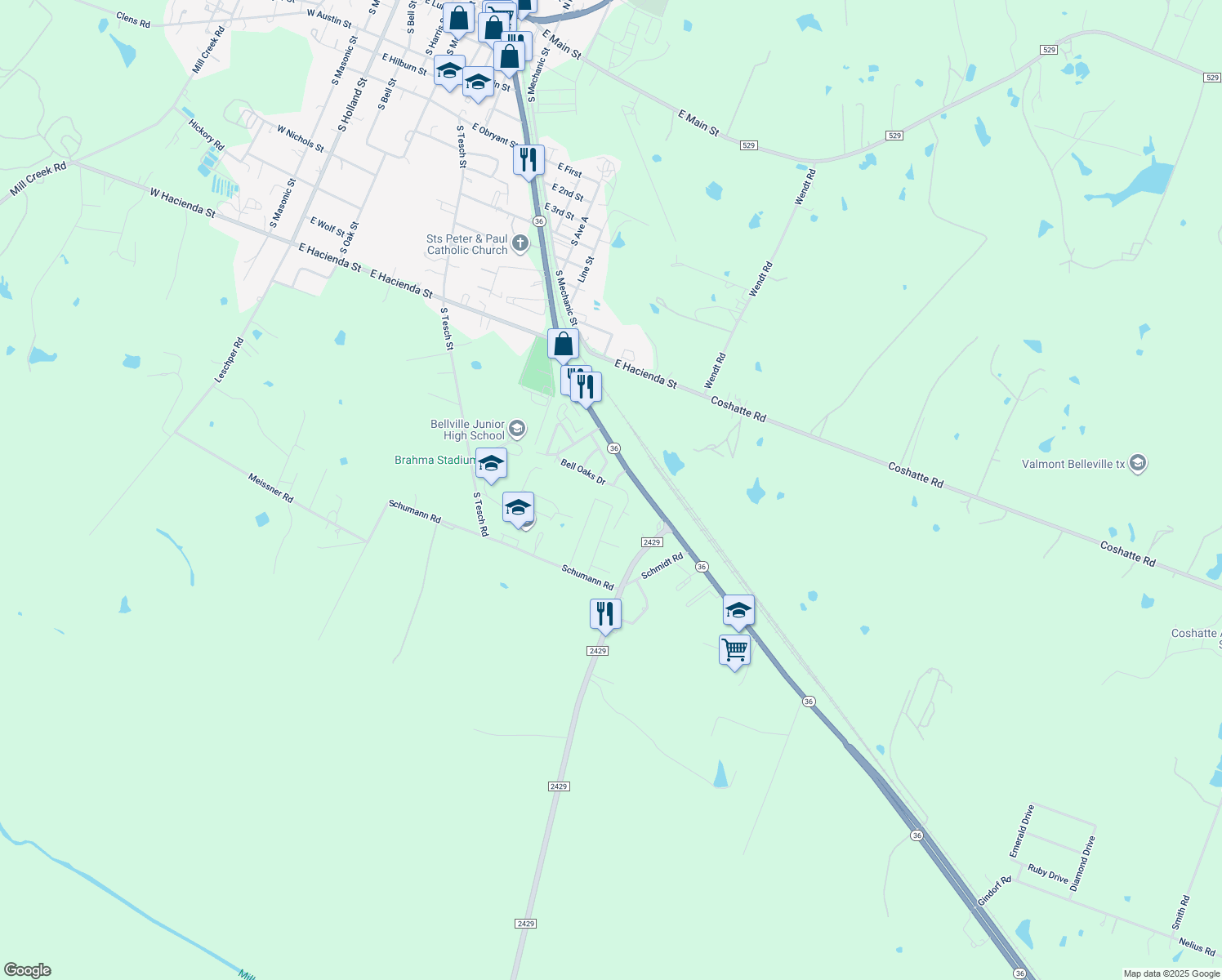 map of restaurants, bars, coffee shops, grocery stores, and more near 1500 Bell Oaks Drive in Bellville
