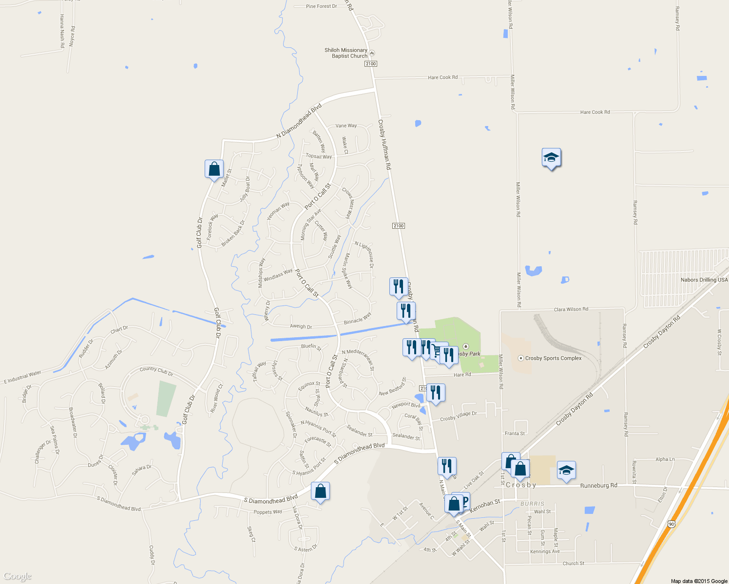 map of restaurants, bars, coffee shops, grocery stores, and more near 16818 Marlin Spike Way in Crosby