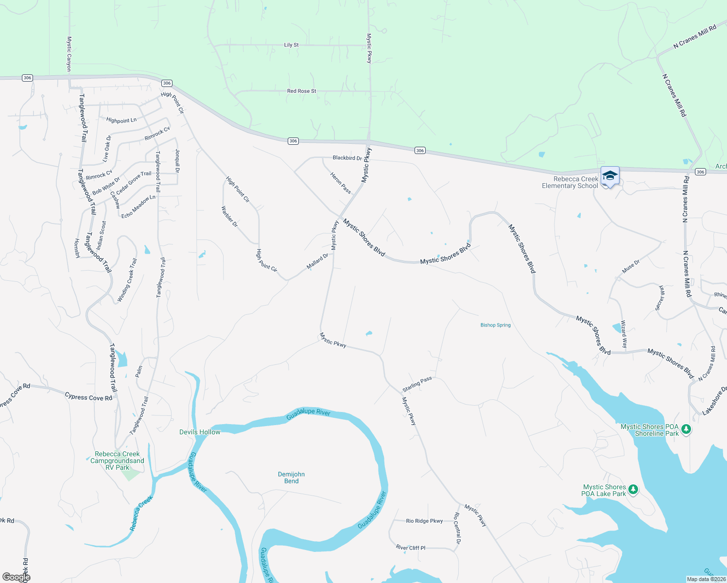 map of restaurants, bars, coffee shops, grocery stores, and more near 166 Gadwall Way in Spring Branch