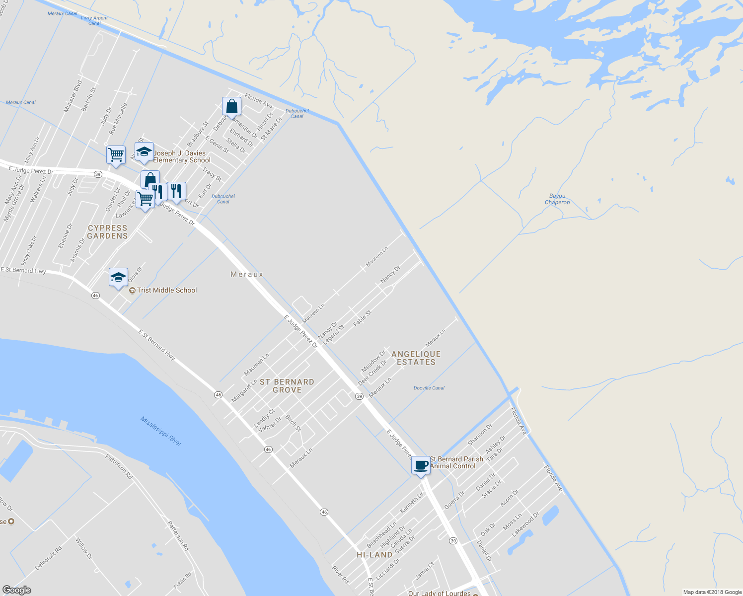 map of restaurants, bars, coffee shops, grocery stores, and more near 3108 Legend Street in Meraux