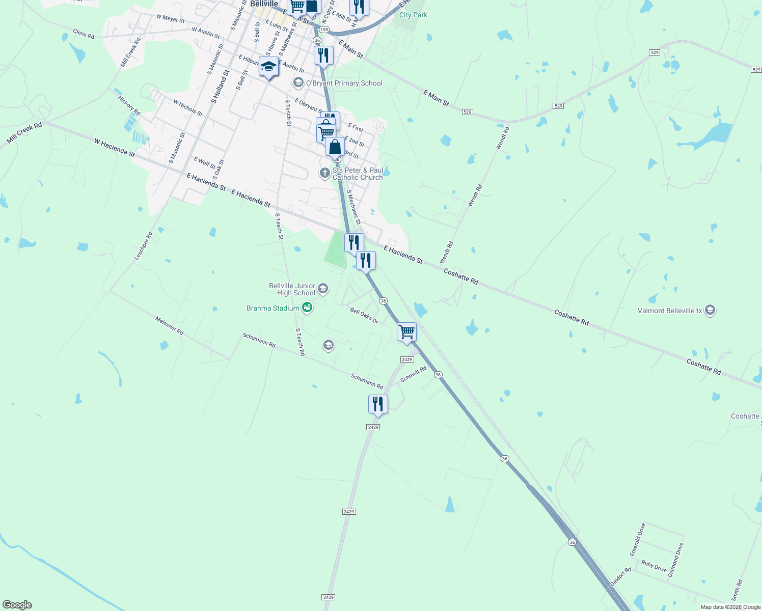 map of restaurants, bars, coffee shops, grocery stores, and more near 1447 Pin Oak Dr in Bellville