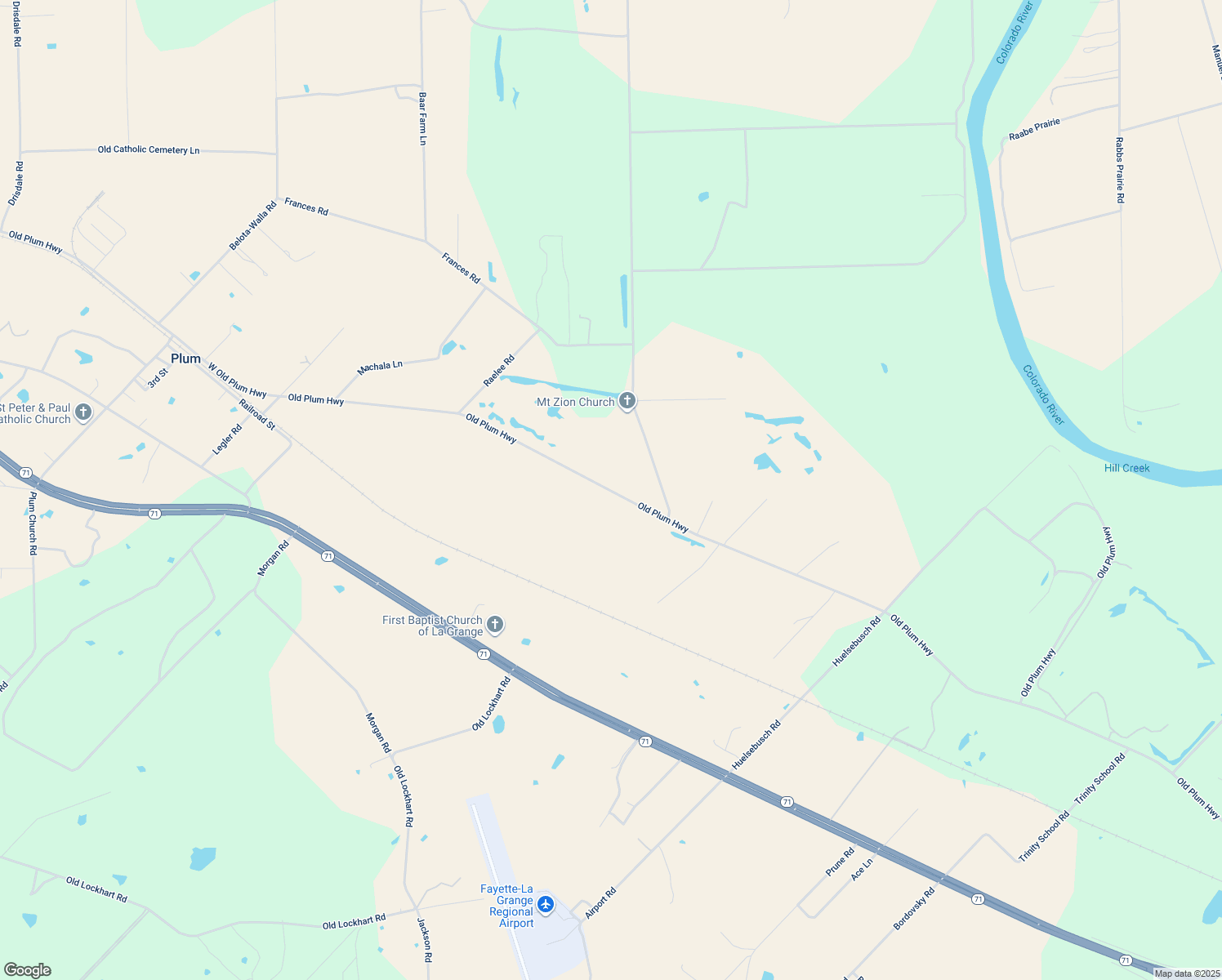 map of restaurants, bars, coffee shops, grocery stores, and more near Old Plum Highway in La Grange
