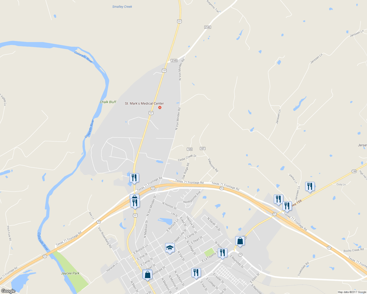 map of restaurants, bars, coffee shops, grocery stores, and more near 2022 North Von Minden Road in La Grange