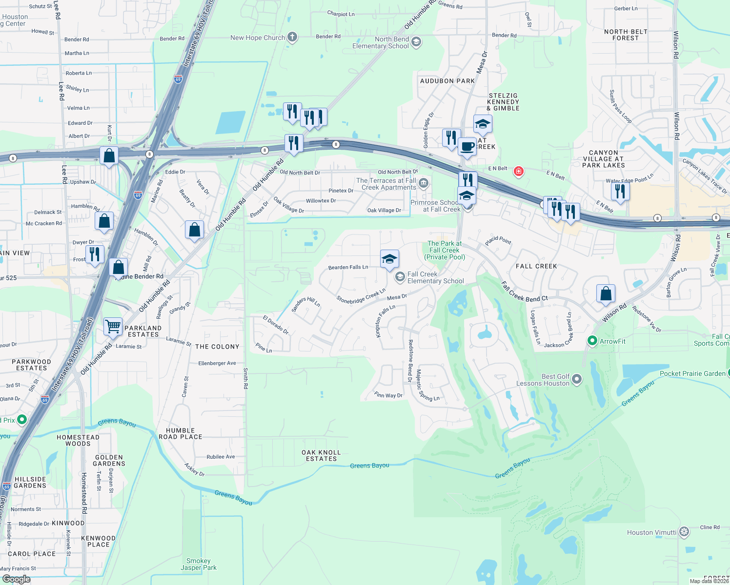 map of restaurants, bars, coffee shops, grocery stores, and more near 14507 Mist Creek Lane in Humble