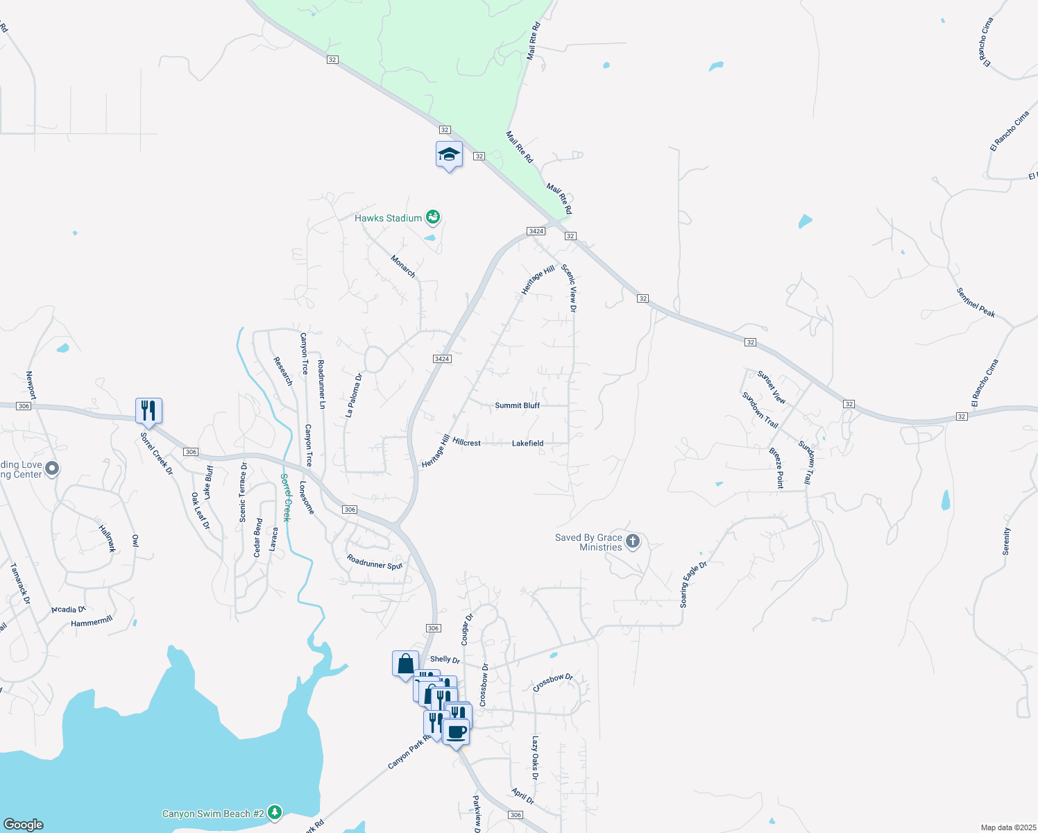 map of restaurants, bars, coffee shops, grocery stores, and more near 1139 Summit Bluff in Canyon Lake