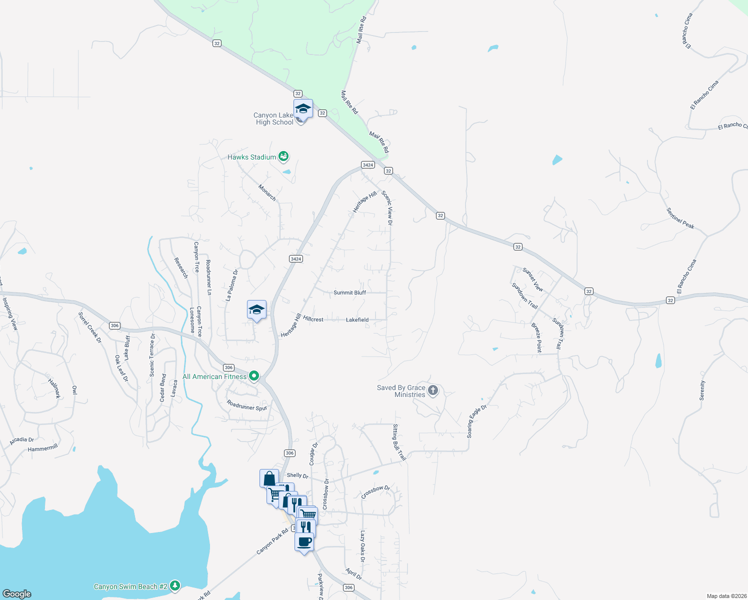 map of restaurants, bars, coffee shops, grocery stores, and more near 1982 Scenic View Drive in Canyon Lake