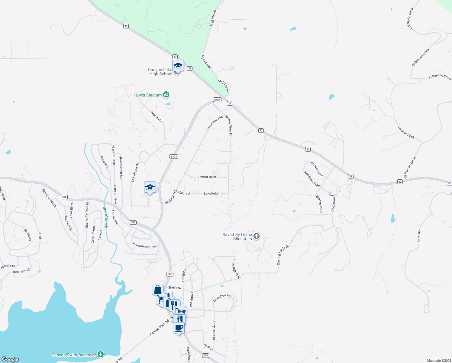 map of restaurants, bars, coffee shops, grocery stores, and more near 1982 Scenic View Drive in Canyon Lake