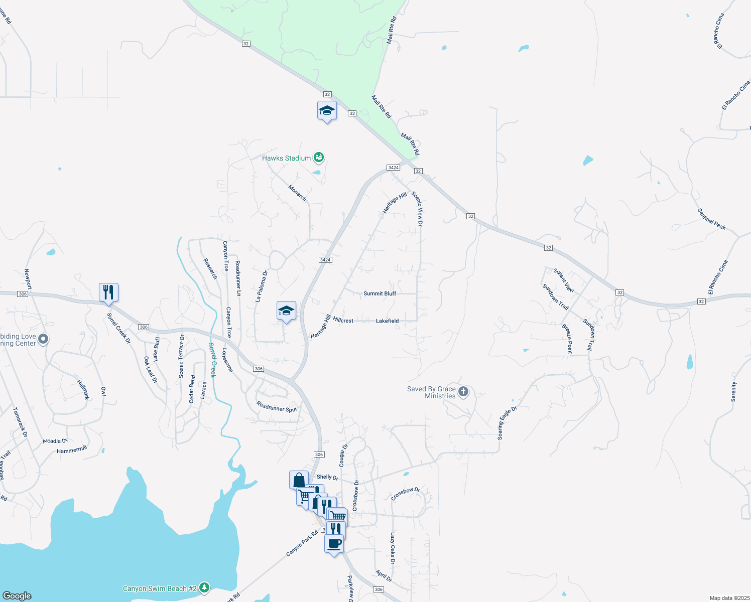 map of restaurants, bars, coffee shops, grocery stores, and more near 1139 Summit Bluff in Canyon Lake