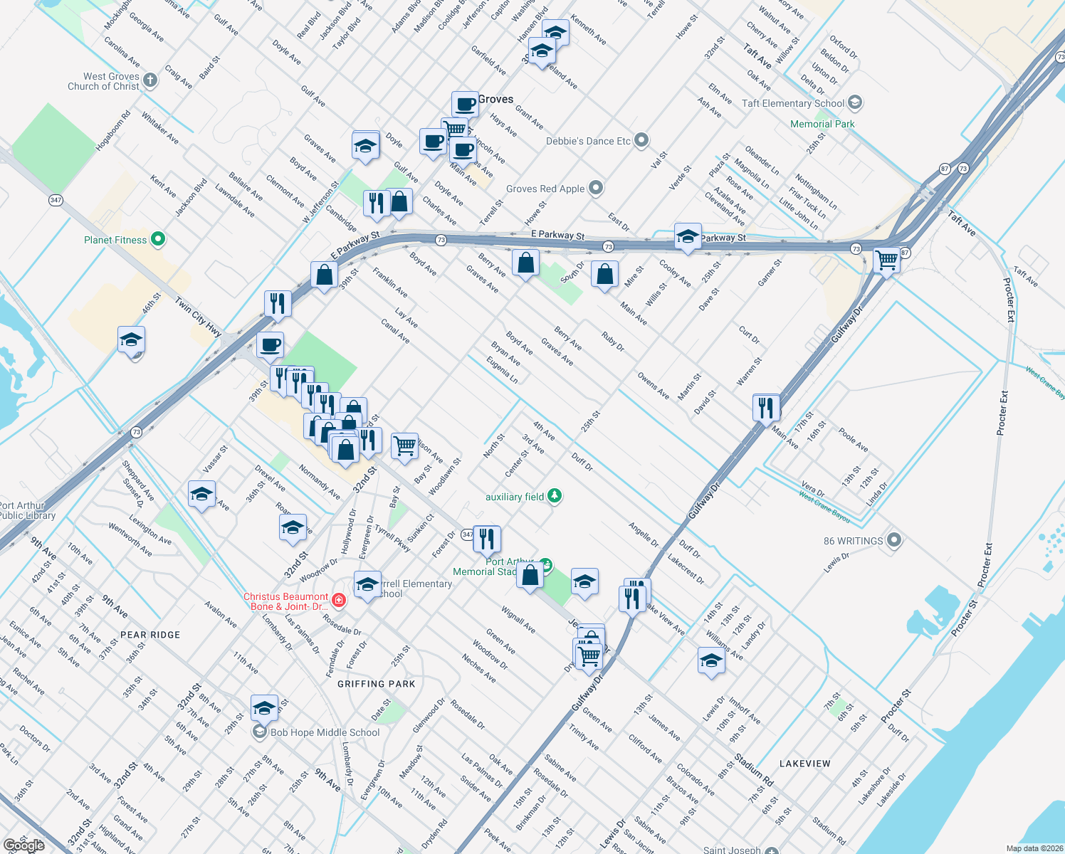 map of restaurants, bars, coffee shops, grocery stores, and more near 2723 4th Avenue in Groves