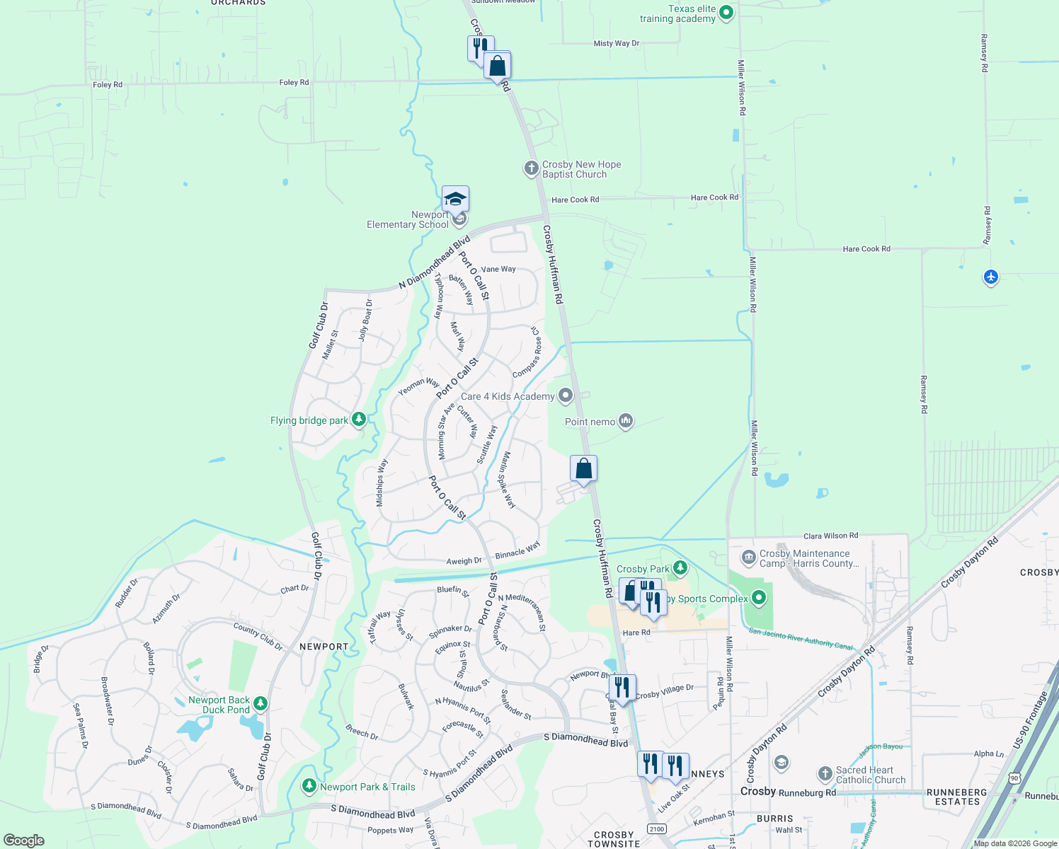 map of restaurants, bars, coffee shops, grocery stores, and more near 319 Squall Court in Crosby