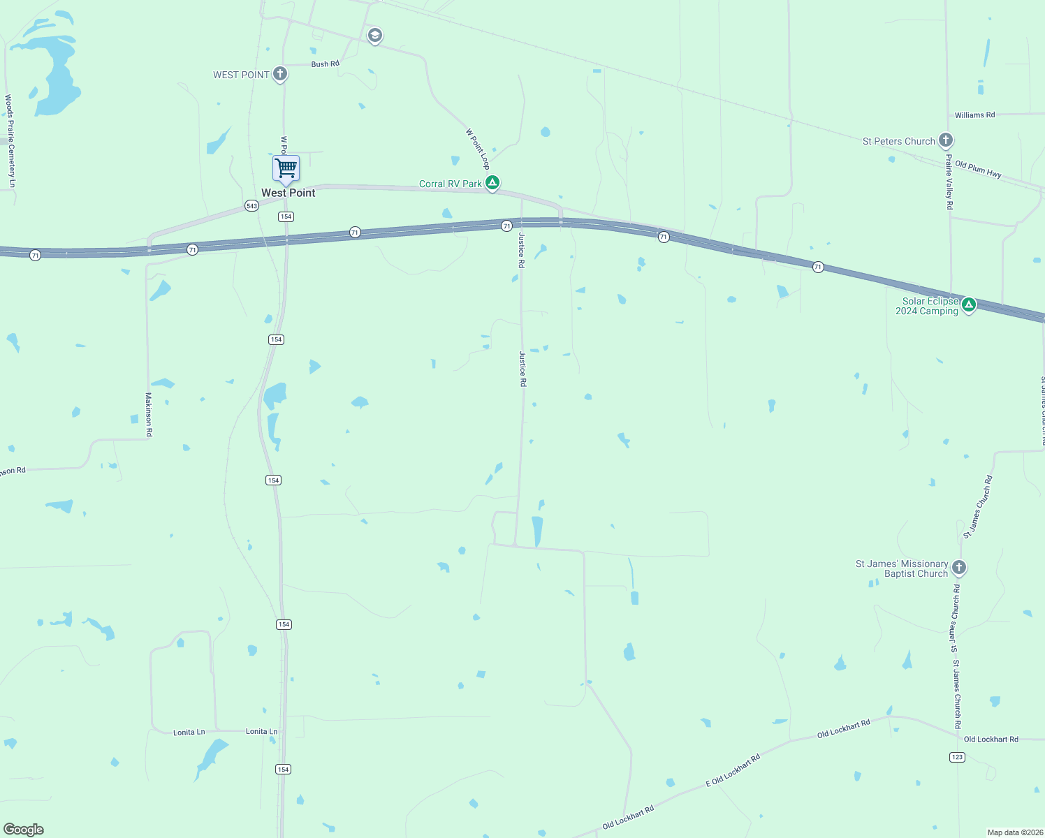 map of restaurants, bars, coffee shops, grocery stores, and more near 945 Justice Road in West Point
