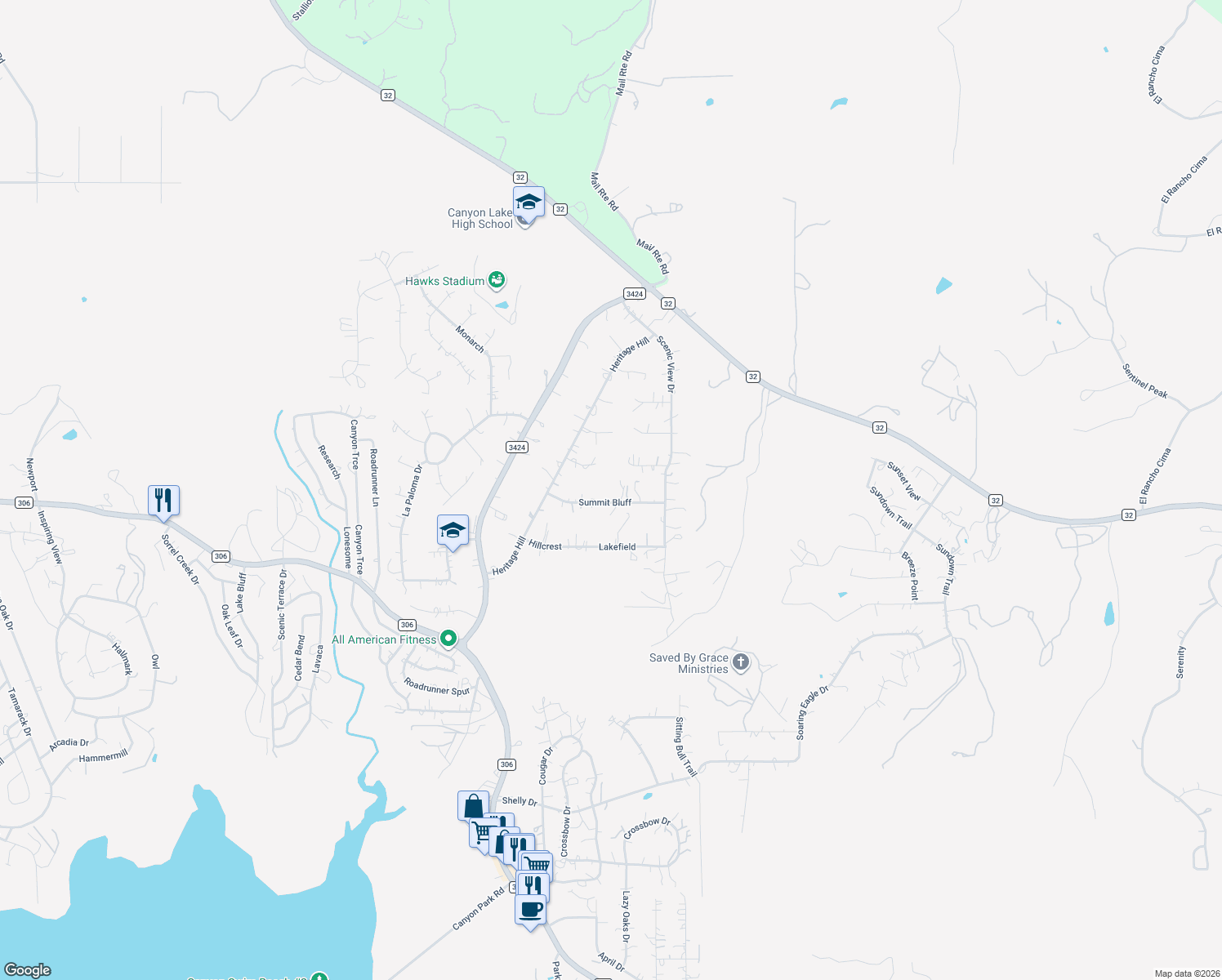 map of restaurants, bars, coffee shops, grocery stores, and more near 1088 Summit Bluff in Canyon Lake