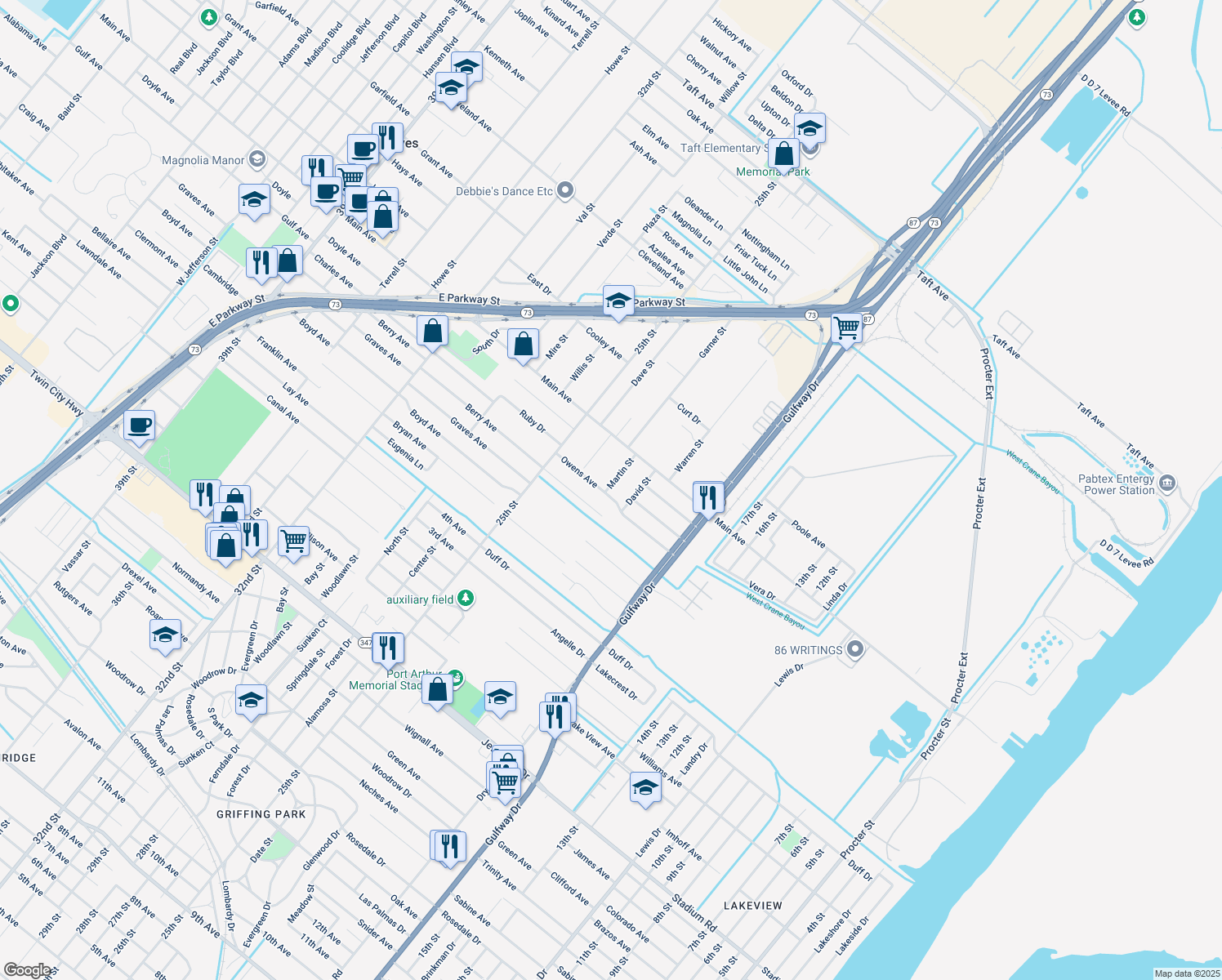 map of restaurants, bars, coffee shops, grocery stores, and more near 2244 Owens Avenue in Groves