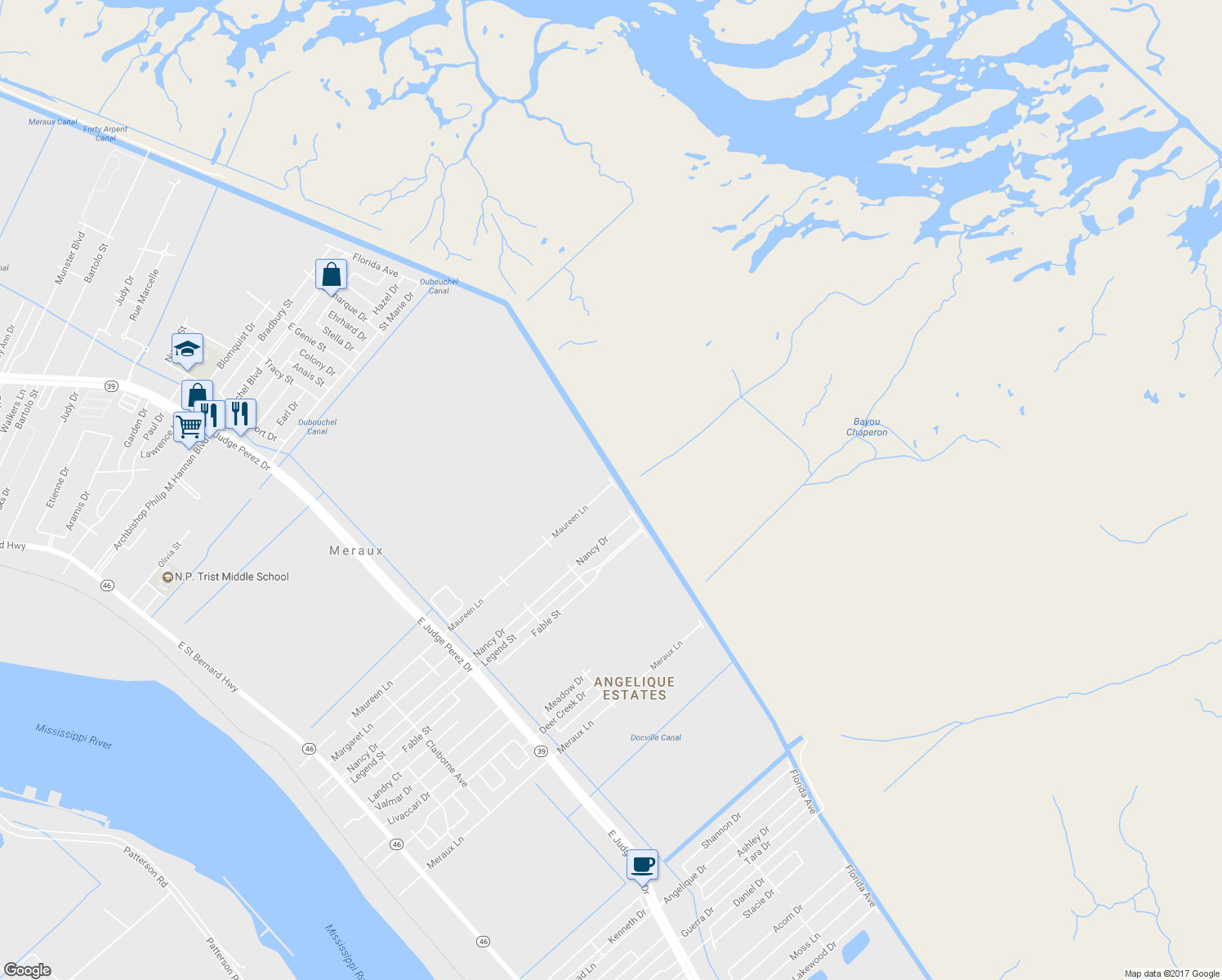 map of restaurants, bars, coffee shops, grocery stores, and more near 3433 Maureen Lane in Meraux