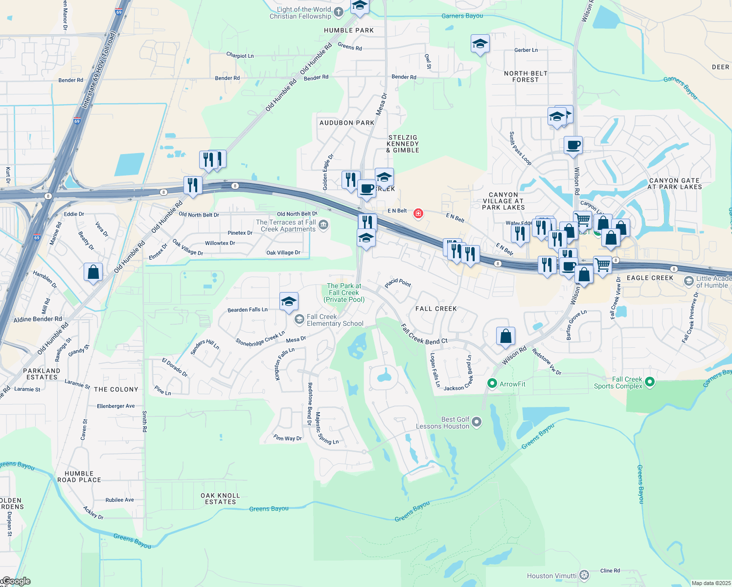 map of restaurants, bars, coffee shops, grocery stores, and more near 8003 Jayci Park Ln in Humble