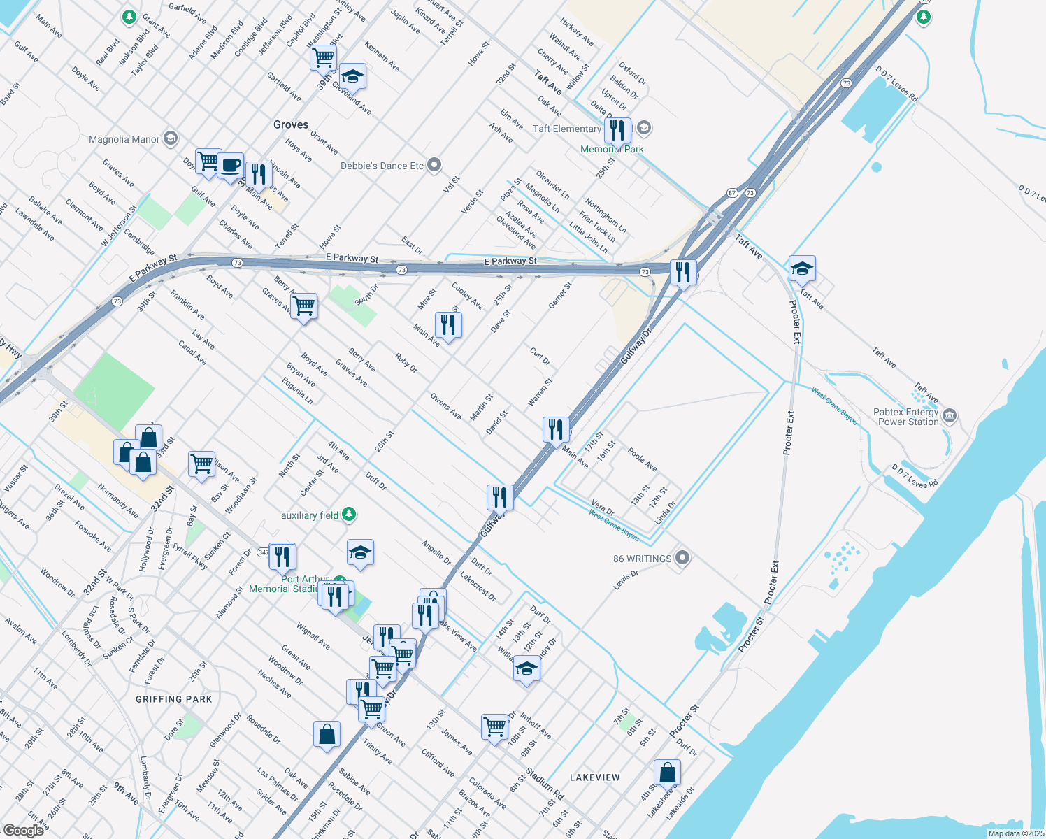 map of restaurants, bars, coffee shops, grocery stores, and more near 2059 Main Ave in Groves