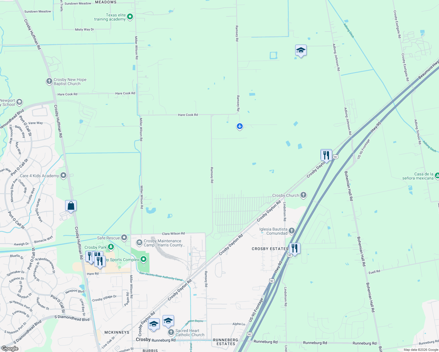 map of restaurants, bars, coffee shops, grocery stores, and more near 17330 Ramsey Rd in Crosby