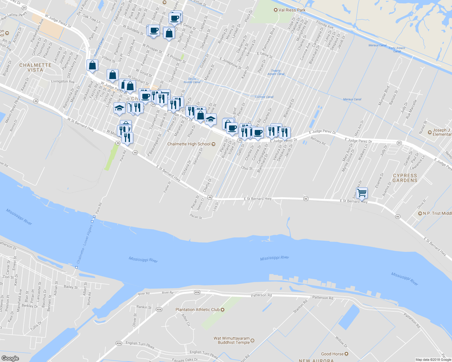map of restaurants, bars, coffee shops, grocery stores, and more near 2201 Gallo Drive in Chalmette
