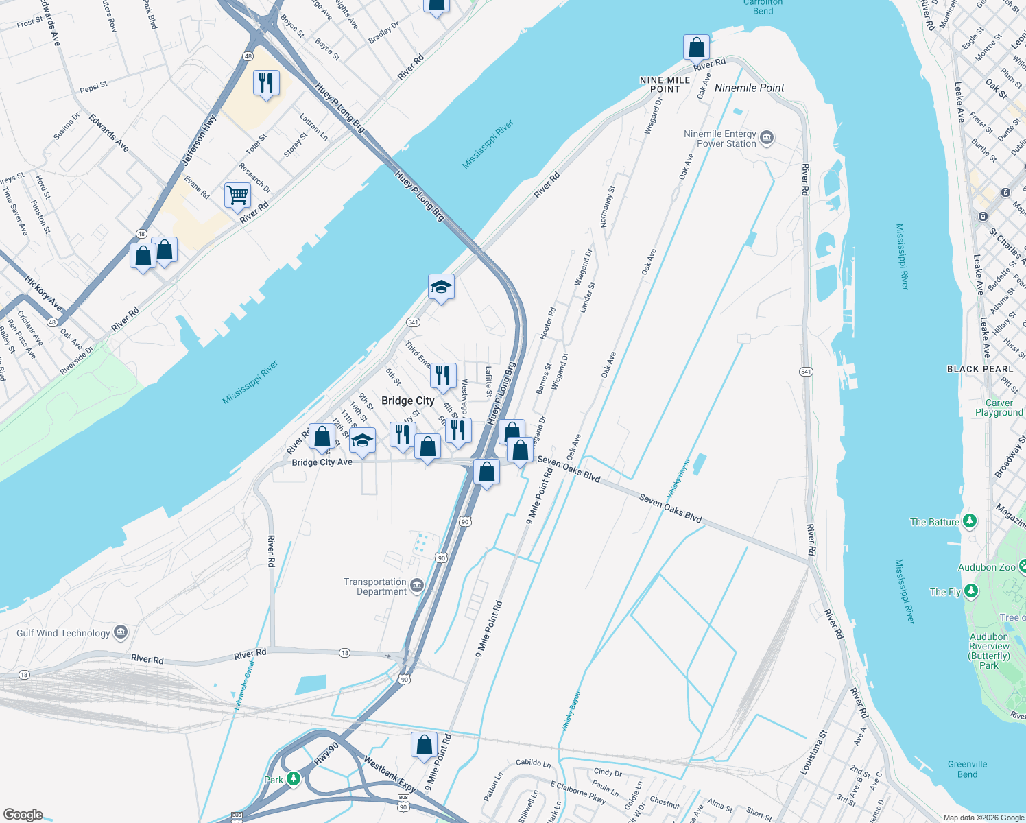 map of restaurants, bars, coffee shops, grocery stores, and more near 1000 Hooter Road in Bridge City