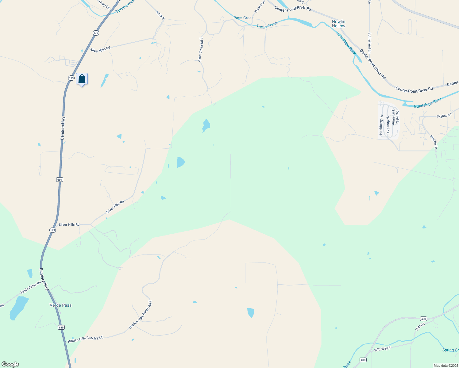 map of restaurants, bars, coffee shops, grocery stores, and more near Hidden Hills Ranch Road East in Kerrville