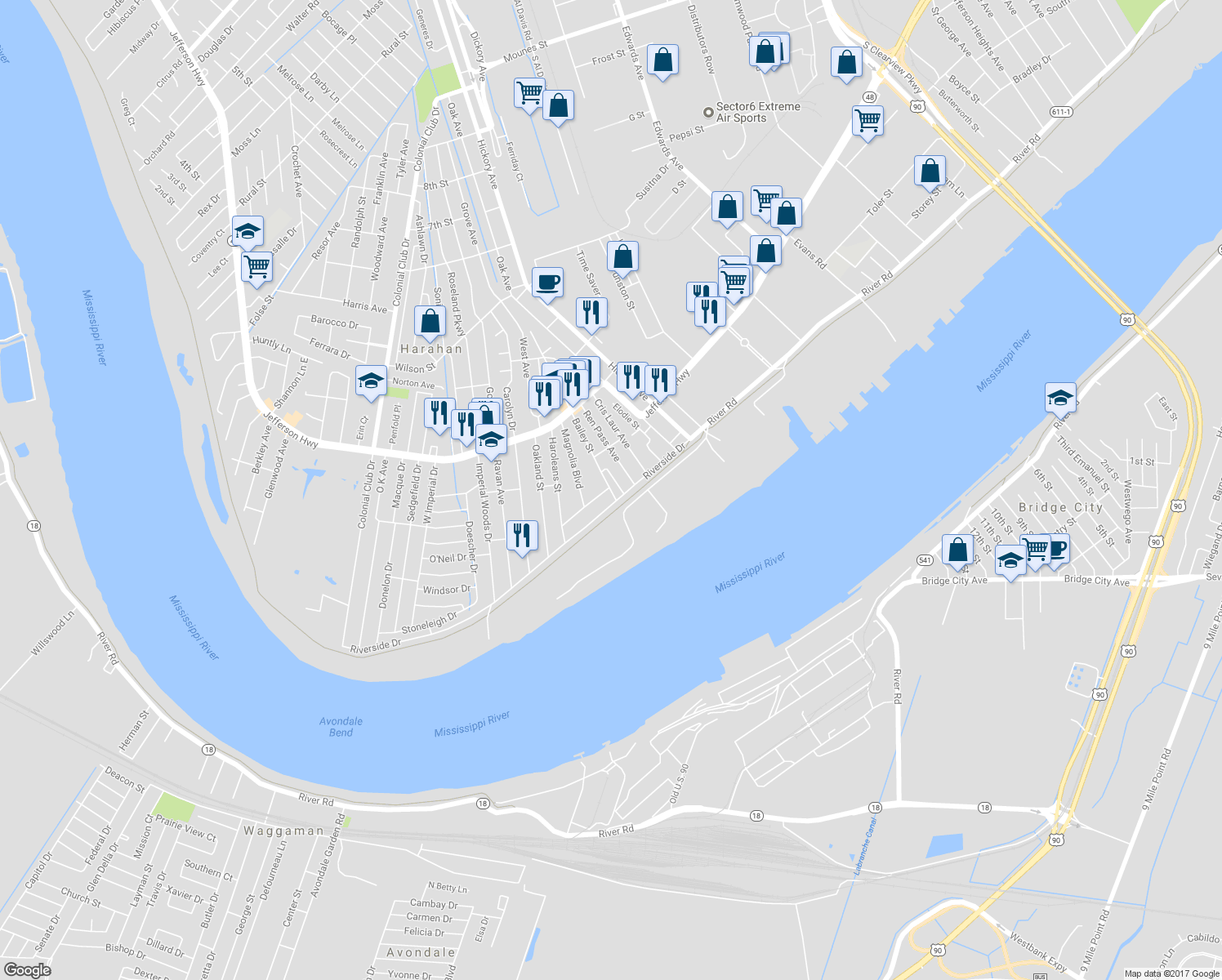 map of restaurants, bars, coffee shops, grocery stores, and more near 25 Bailey Street in Harahan