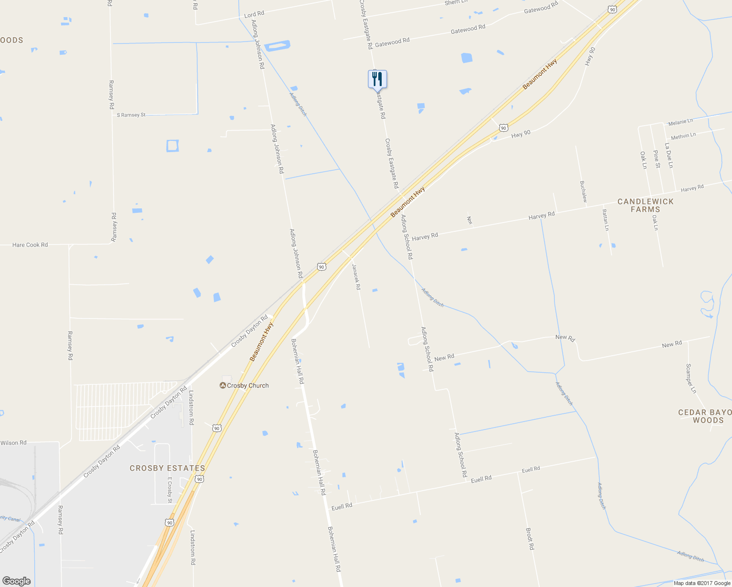 map of restaurants, bars, coffee shops, grocery stores, and more near 17408 Janacek Road in Crosby
