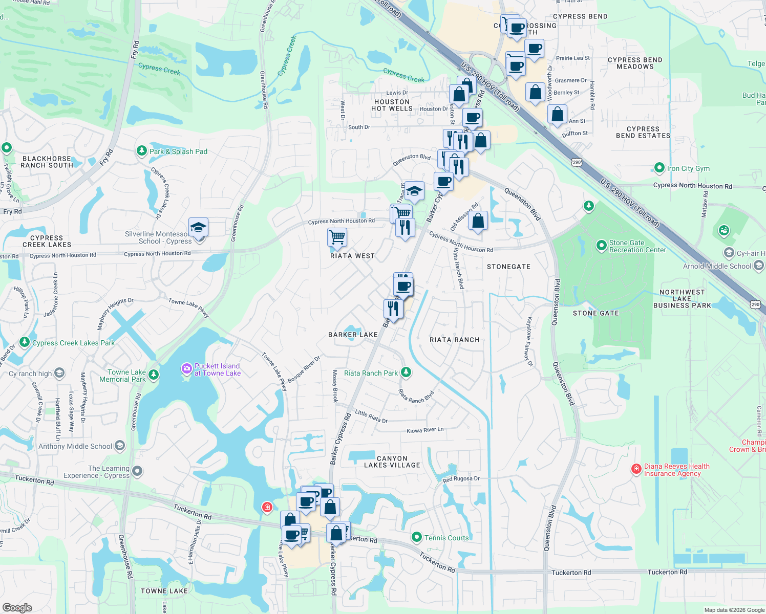 map of restaurants, bars, coffee shops, grocery stores, and more near 17610 Tower Bluff Ln in Cypress