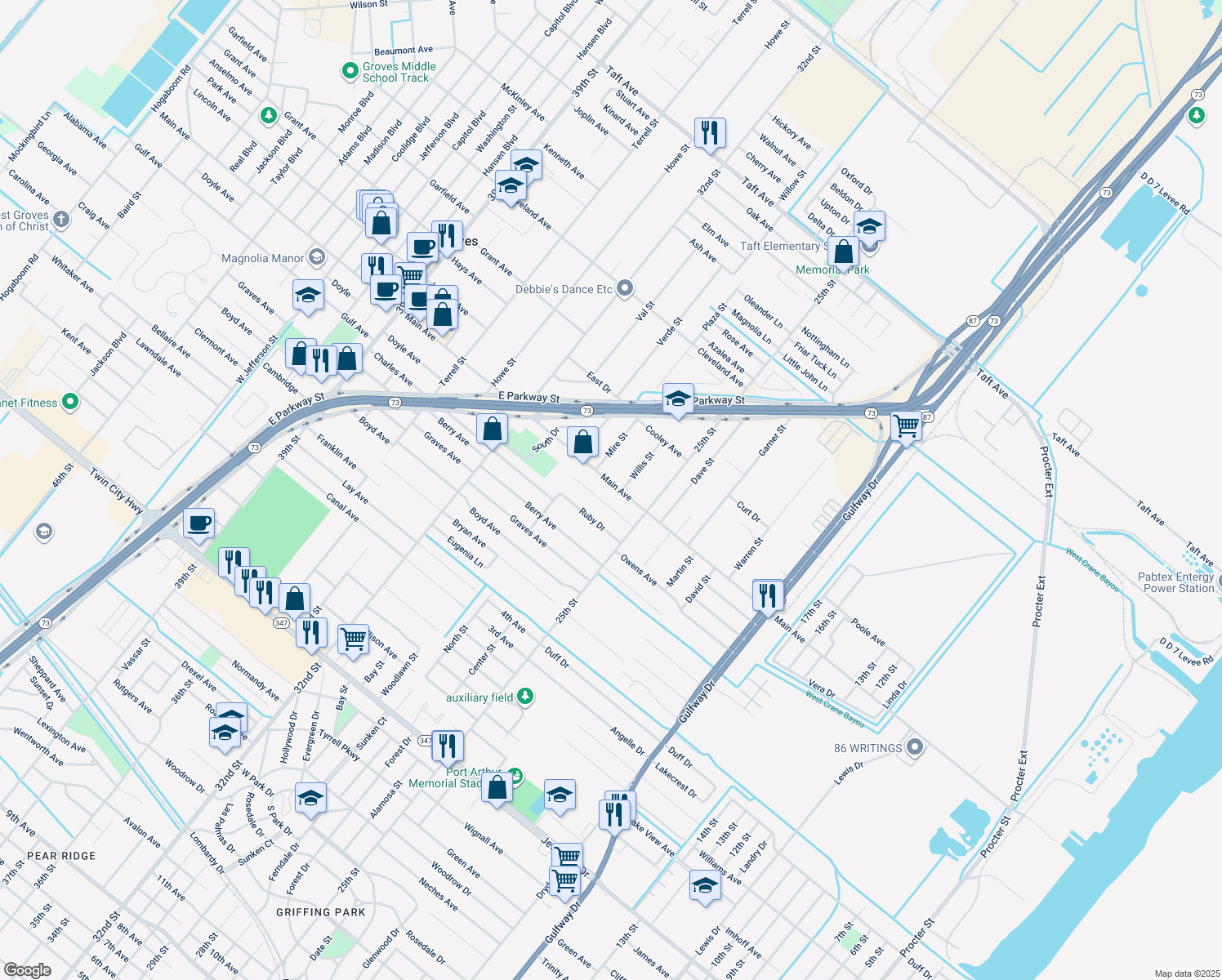 map of restaurants, bars, coffee shops, grocery stores, and more near 2831 Main Ave in Groves