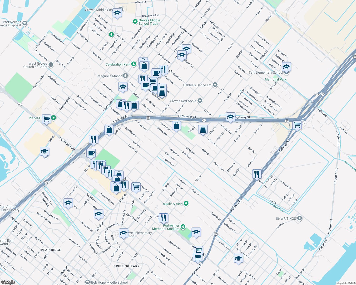 map of restaurants, bars, coffee shops, grocery stores, and more near 3145 Berry Avenue in Groves
