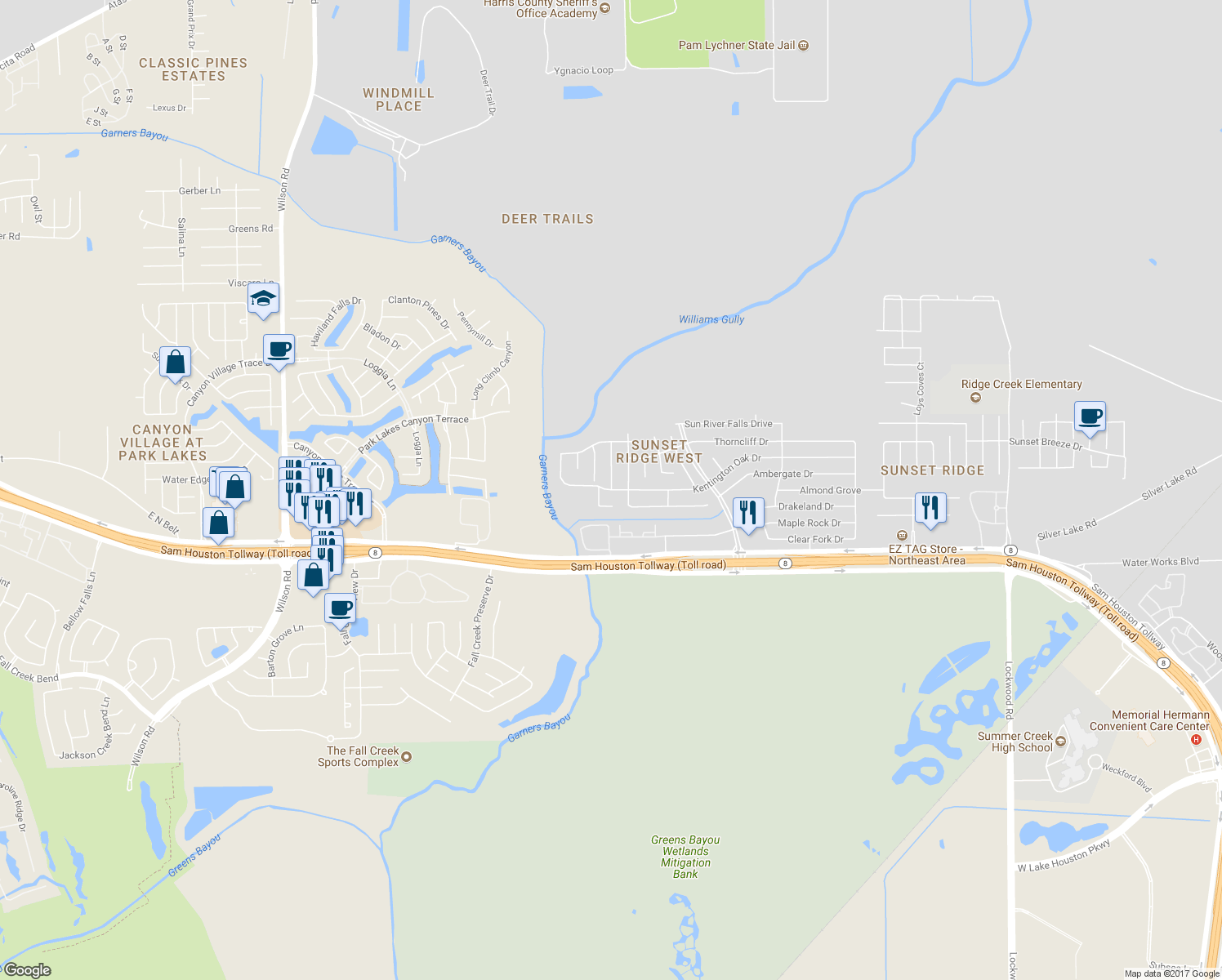 map of restaurants, bars, coffee shops, grocery stores, and more near 10202 Kentington Oak Drive in Humble