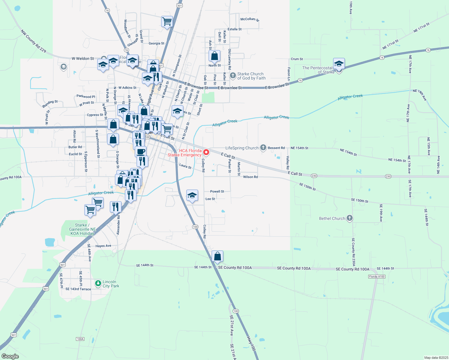 map of restaurants, bars, coffee shops, grocery stores, and more near 1022 Wilson Road in Starke