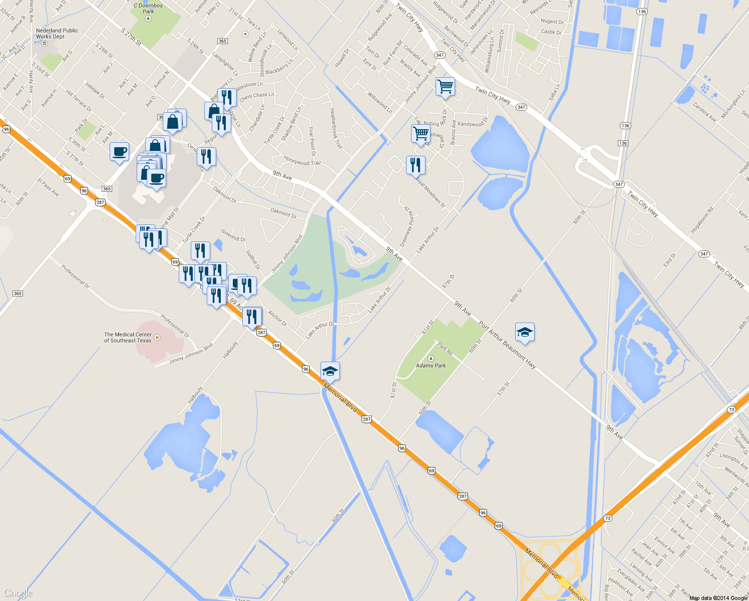 map of restaurants, bars, coffee shops, grocery stores, and more near 3485 Lake Arthur Dr in Port Arthur