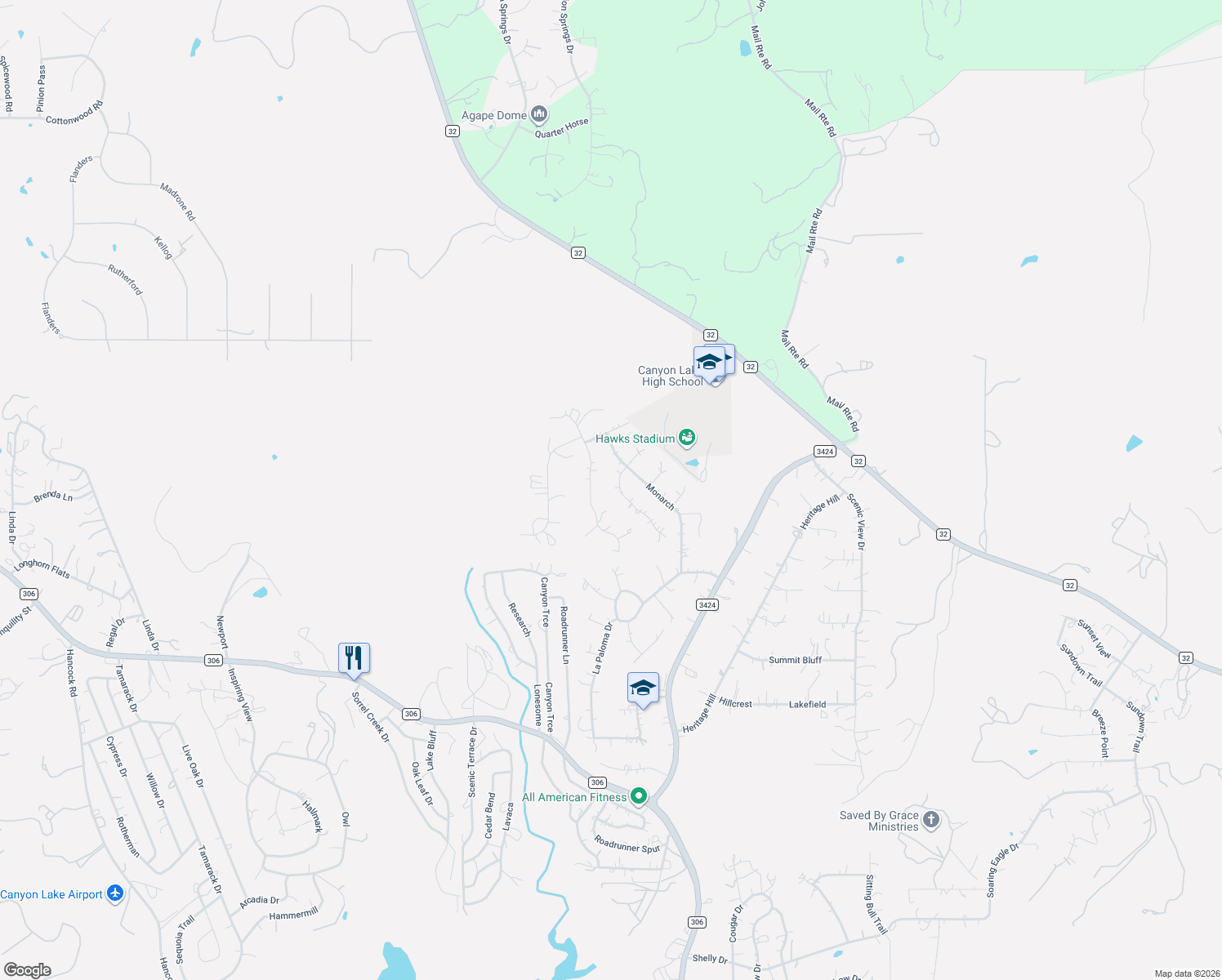 map of restaurants, bars, coffee shops, grocery stores, and more near 1191 4 Winds Drive in Fischer