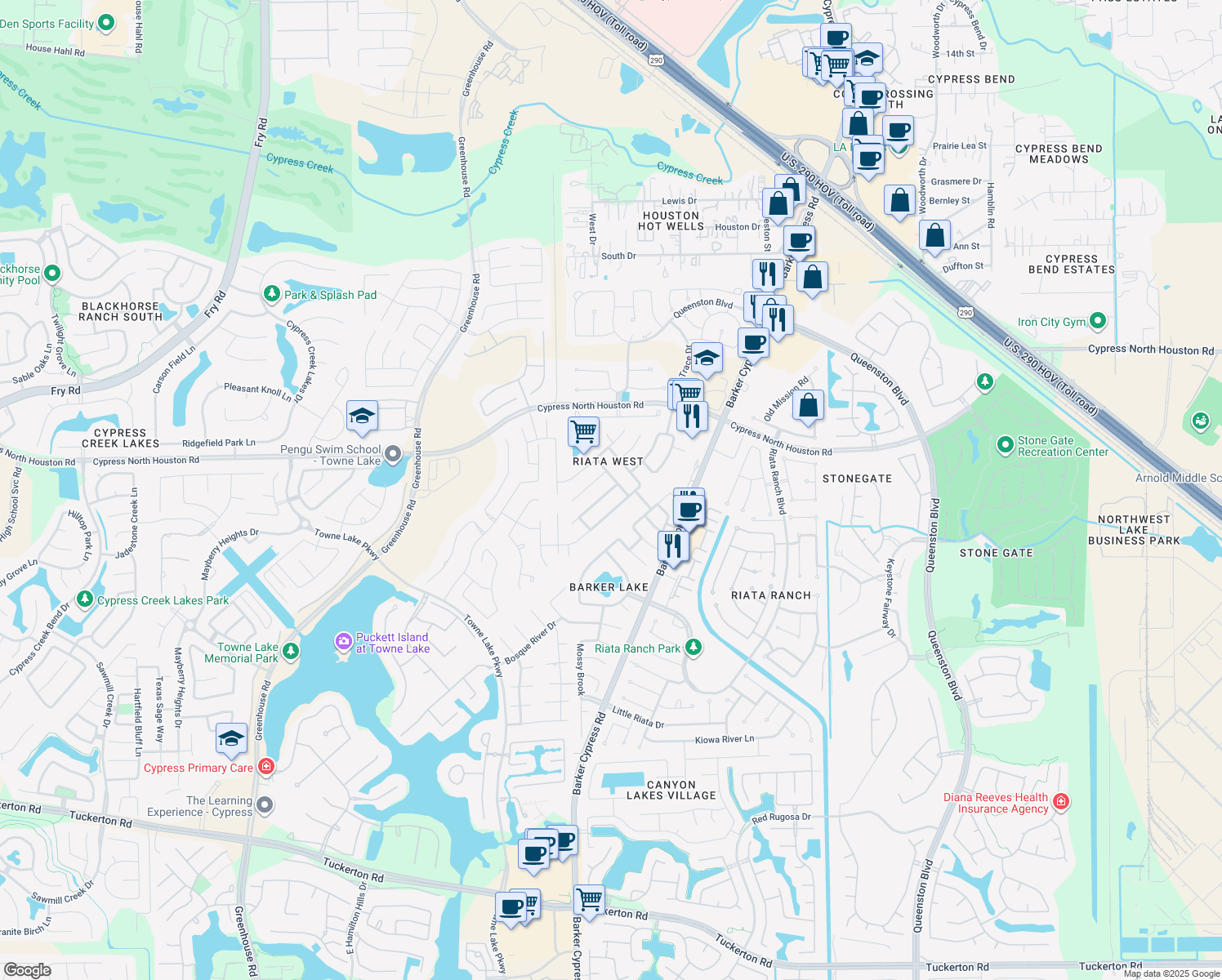 map of restaurants, bars, coffee shops, grocery stores, and more near 10834 Barker View Dr in Cypress