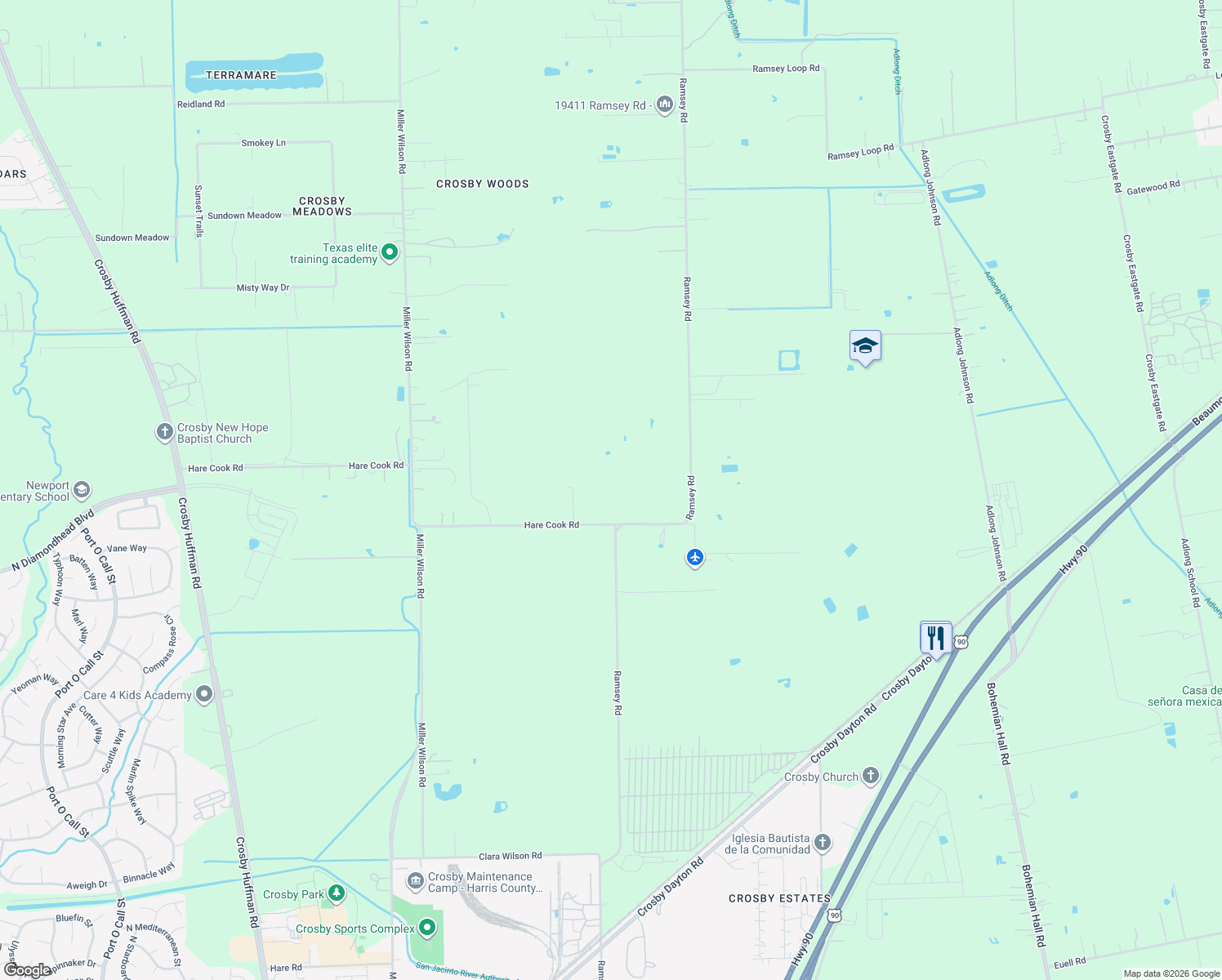 map of restaurants, bars, coffee shops, grocery stores, and more near 1331 Hare Cook Road in Crosby
