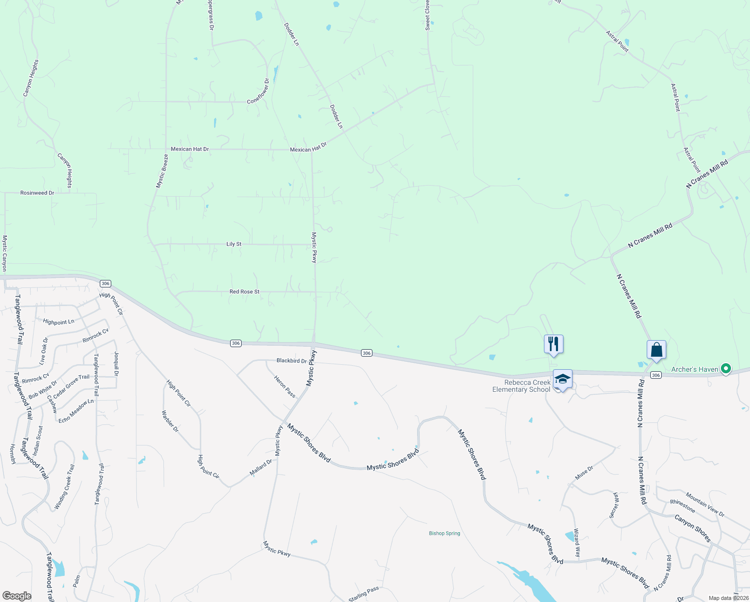 map of restaurants, bars, coffee shops, grocery stores, and more near 505 Red Rose Street in Spring Branch
