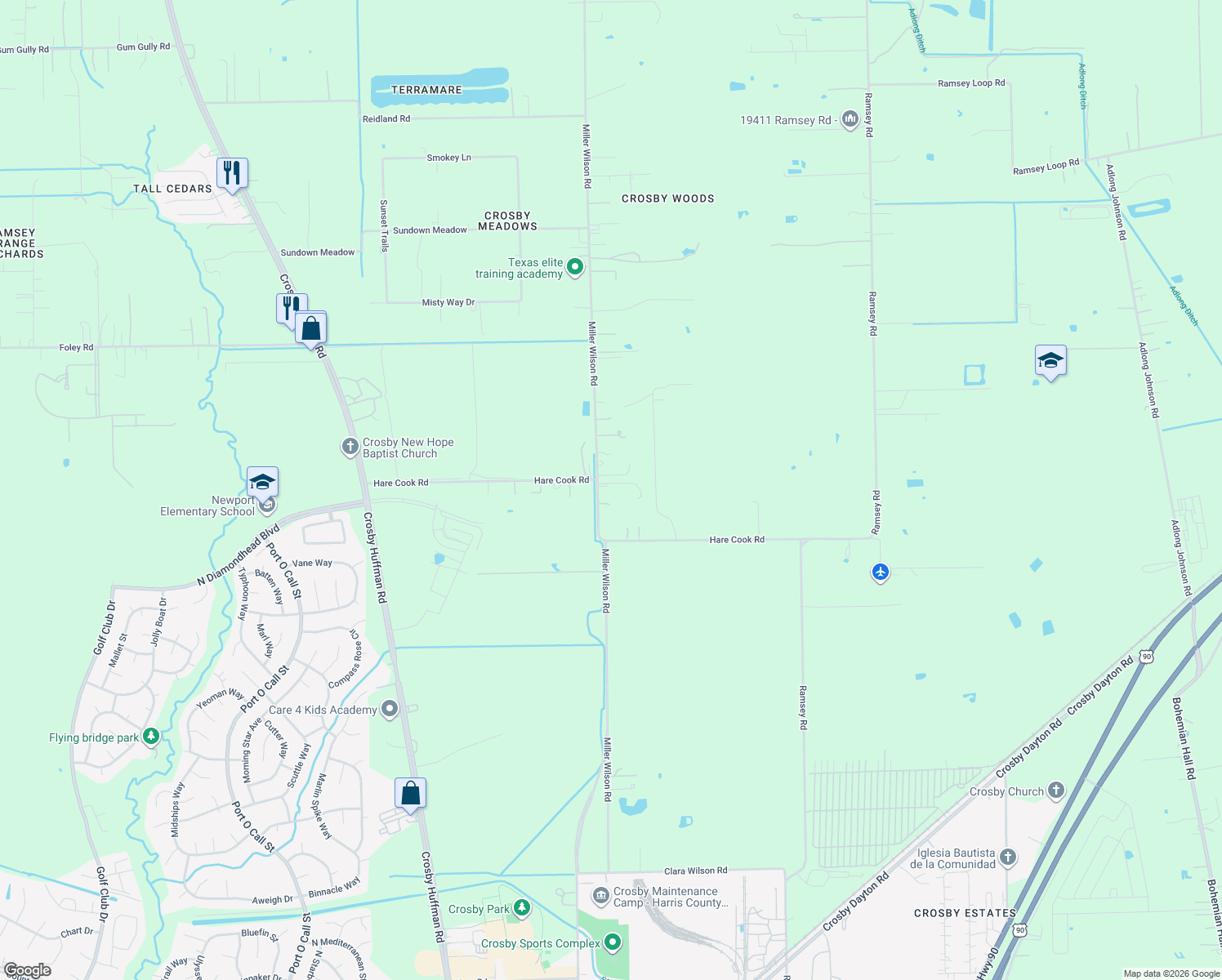map of restaurants, bars, coffee shops, grocery stores, and more near 18184 Miller Wilson Rd in Crosby