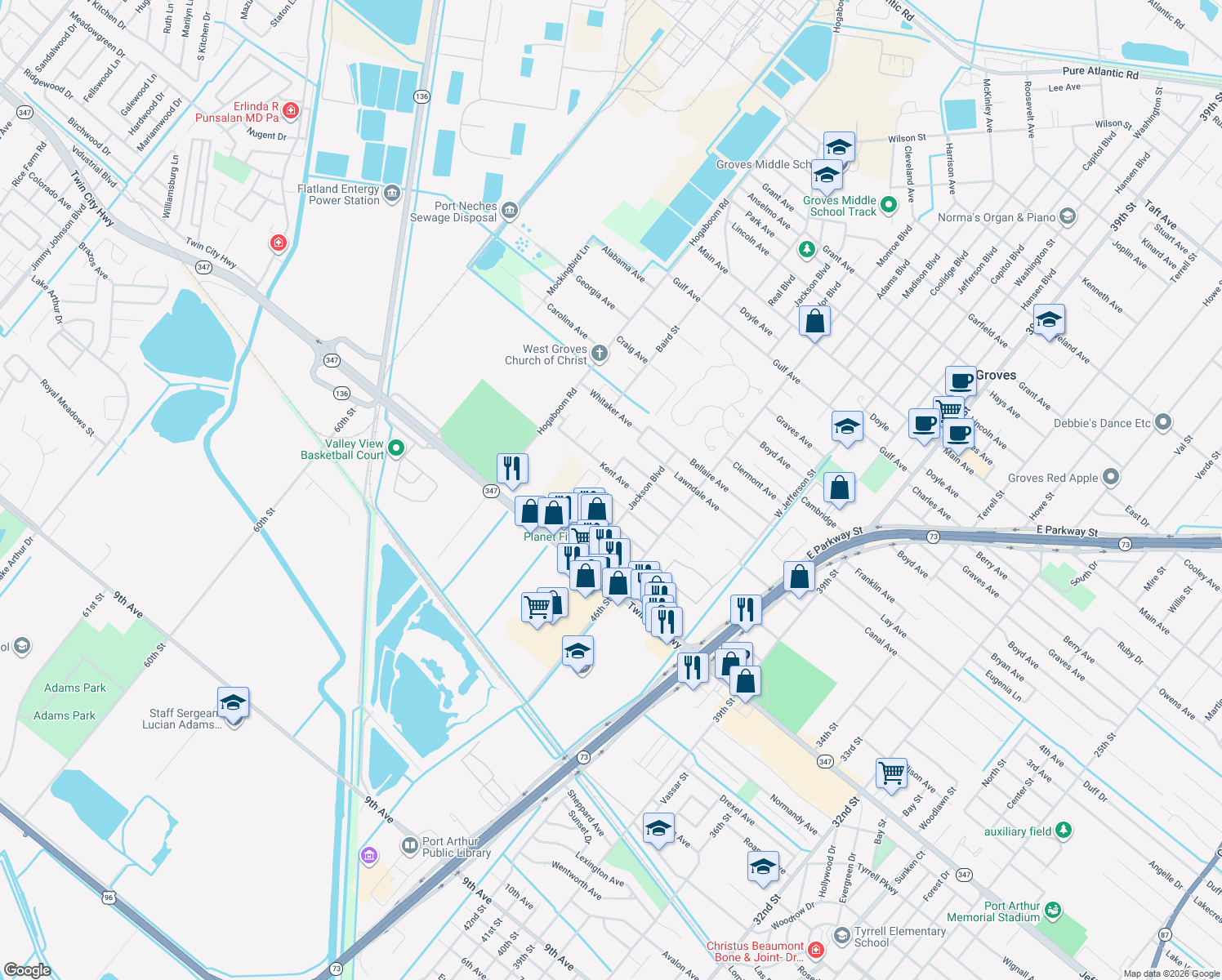map of restaurants, bars, coffee shops, grocery stores, and more near 5110 Sue Avenue in Groves