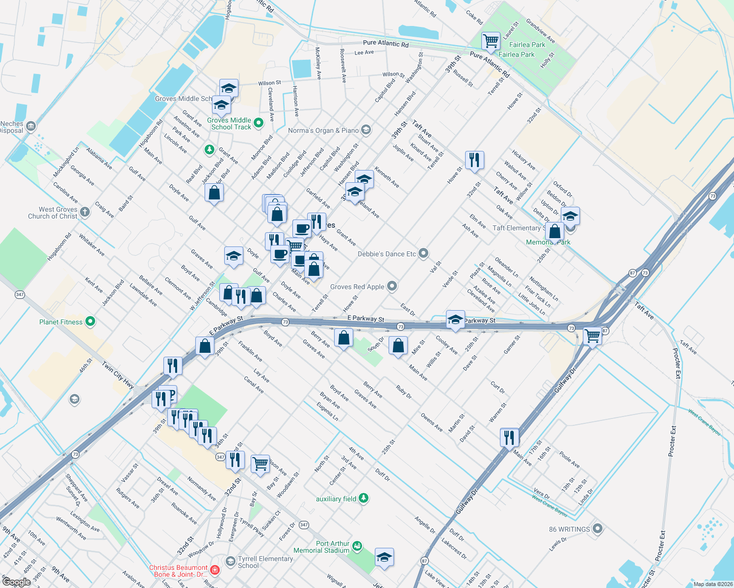 map of restaurants, bars, coffee shops, grocery stores, and more near 6212 Howe Street in Groves
