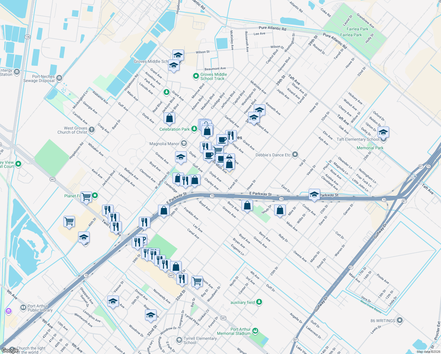 map of restaurants, bars, coffee shops, grocery stores, and more near 3820 Doyle Avenue in Groves