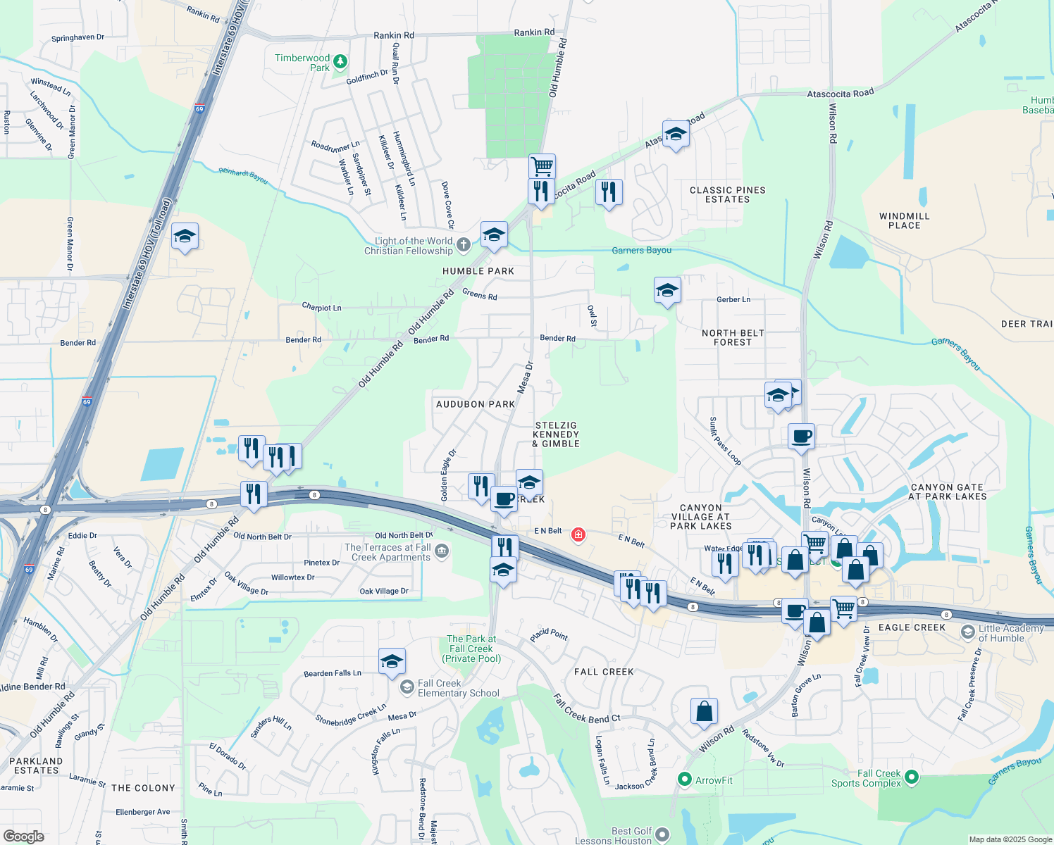 map of restaurants, bars, coffee shops, grocery stores, and more near 8107 White Swan Drive in Humble
