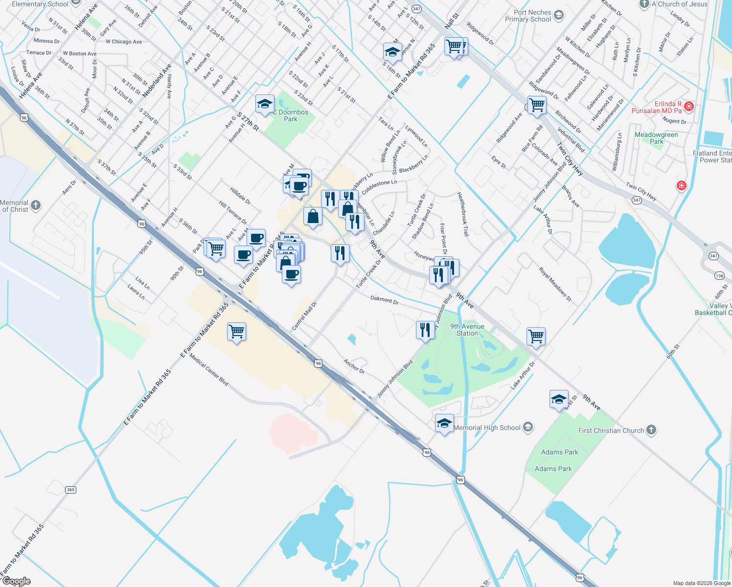 map of restaurants, bars, coffee shops, grocery stores, and more near 3300 Roya Ct in Port Arthur